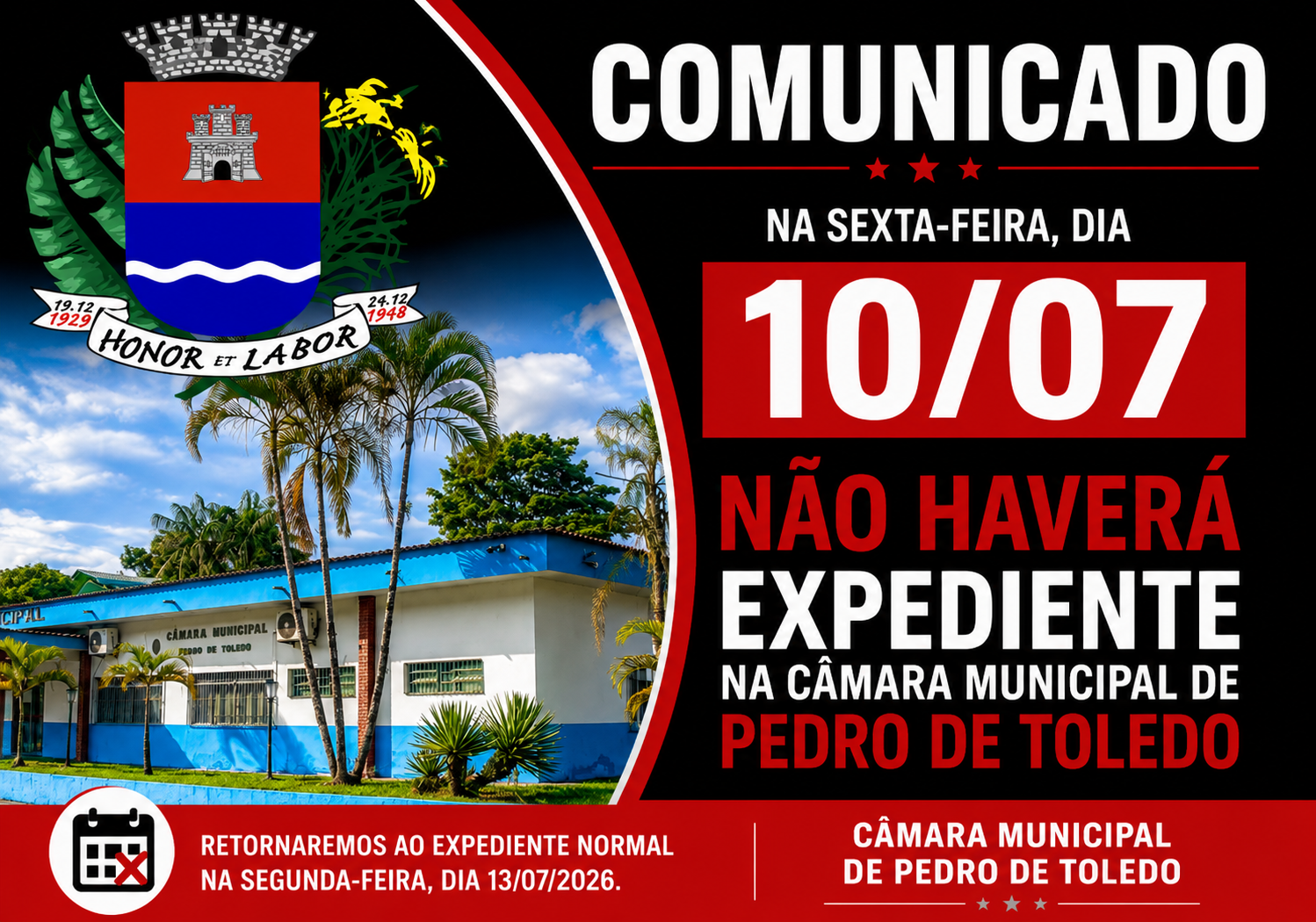 Câmara Municipal de Pedro de Toledo terá ponto facultativo na sexta-feira, 10 de julho