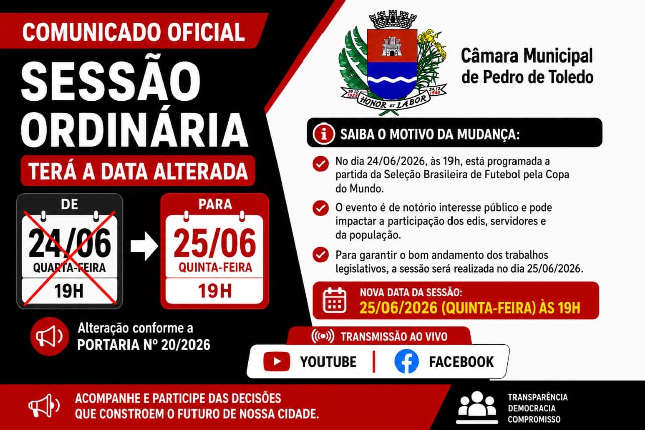 Sessão Ordinária da Câmara Municipal de Pedro de Toledo terá data alterada
