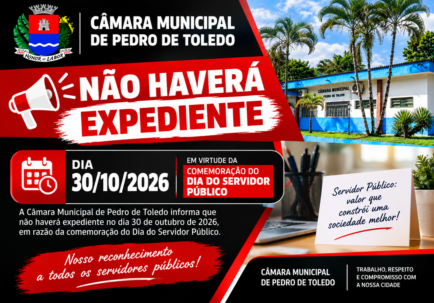 Câmara Municipal de Pedro de Toledo informa ponto facultativo no dia 30 de outubro